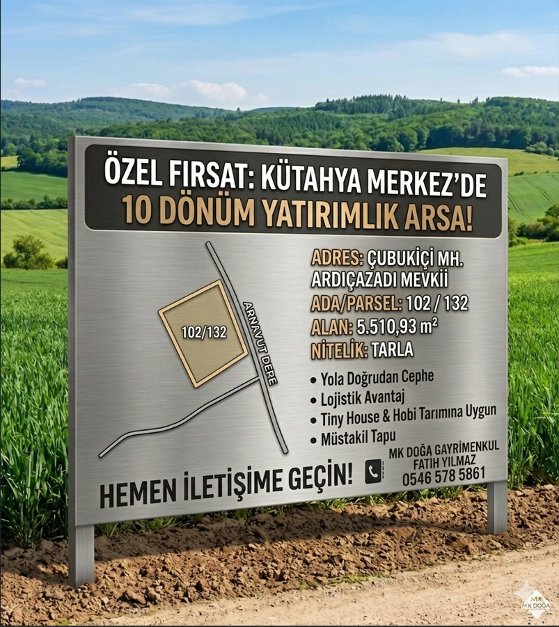 KÜTAHYA MERKEZ ÇUBUKİÇİ'NDE YOLA CEPHE, DEMİRYOLUNA KOMŞU YATIRIMLIK 5.510 m² TARLA