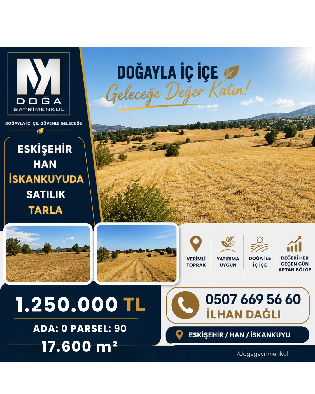 MK DOĞA GAYRİMENKULDEN ESKİŞEHİR HAN İSKANKUYUDA SATILIK VERİMLİ TARLA