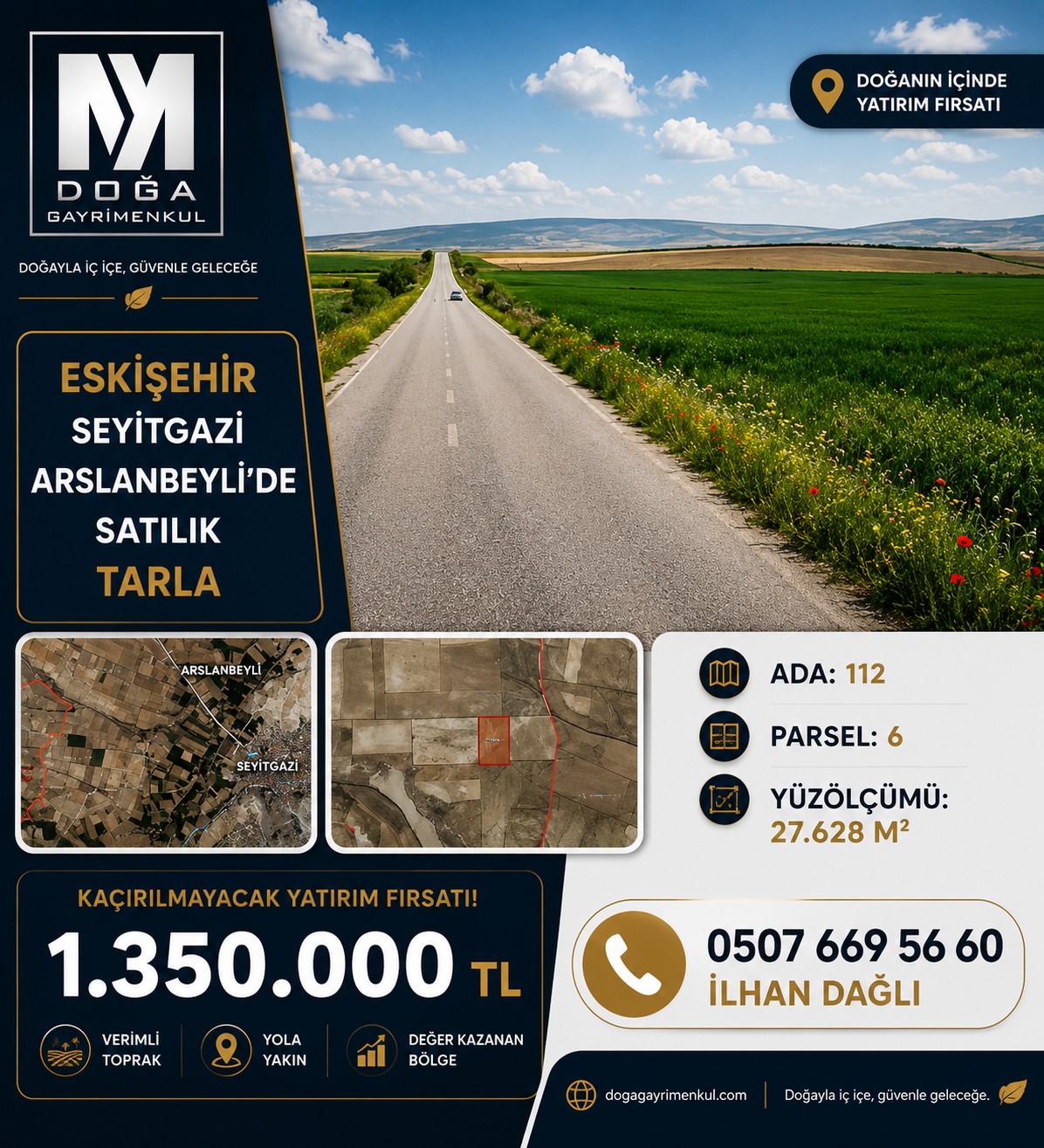 MK DOĞA GAYRİMENKUL'DEN ARSLANBEYLİ'DE YOLA CEPHE SATILIK TARLA