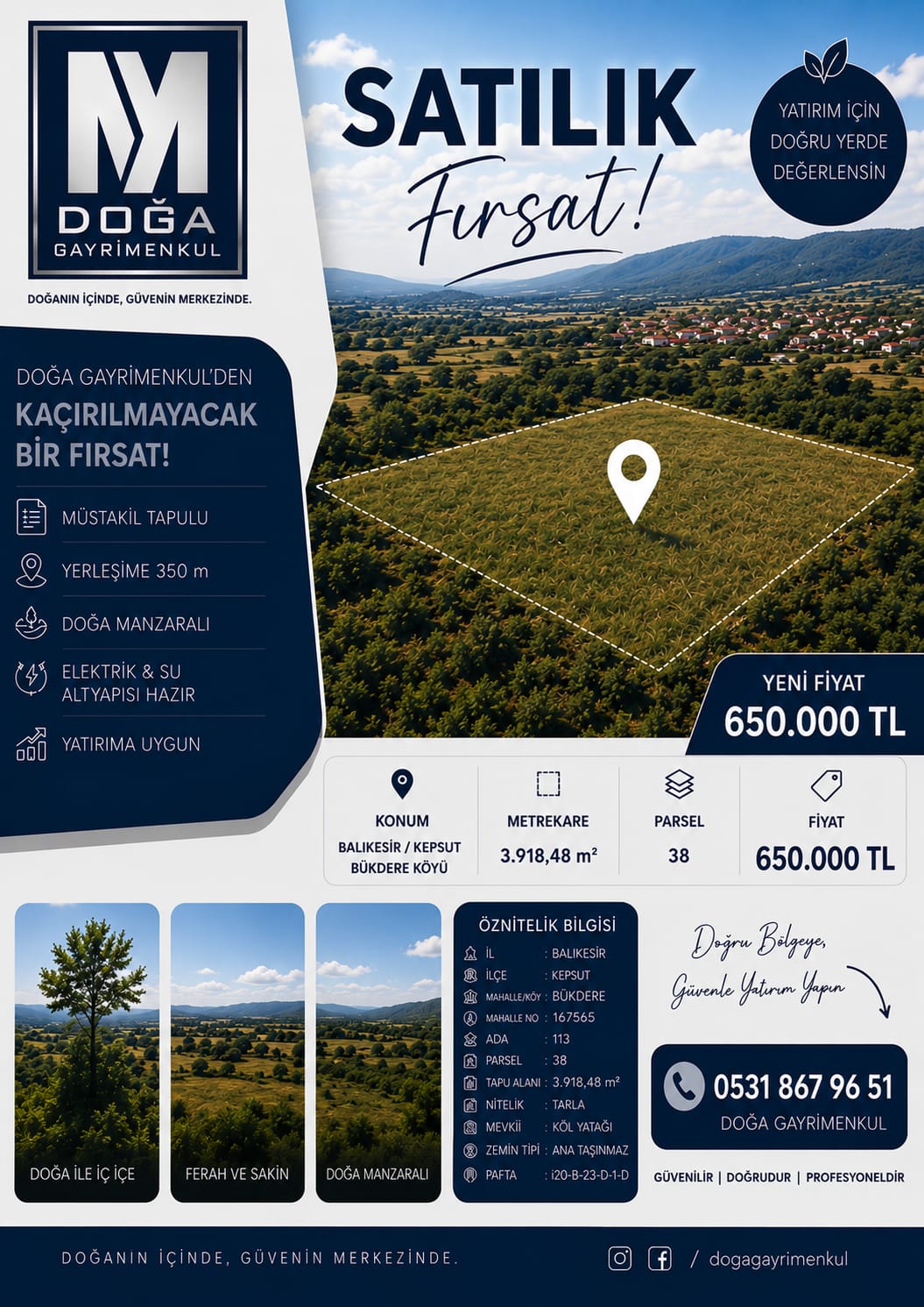 MK DOĞA GAYRİMENKUL'DEN BALIKESİR KEPSUT BÜKDERE,DE SATILIK TARLA 
