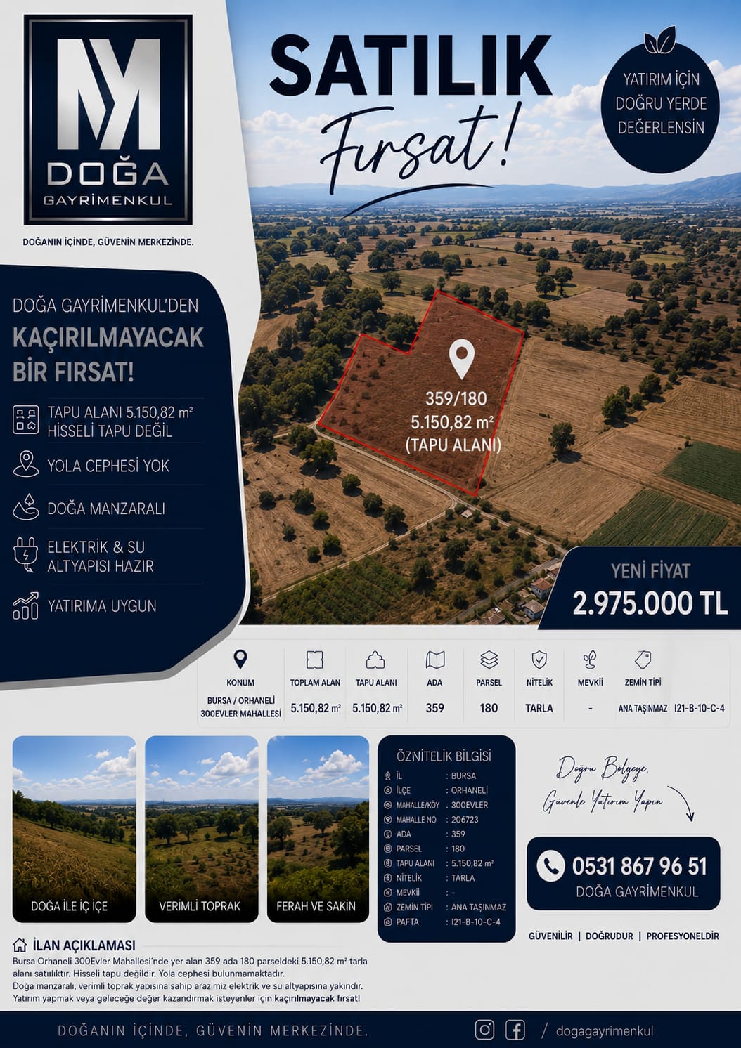 MK DOĞA GAYRİMENKUL DEN BURSA ORHANELİ 300EVLER SATILIK ARAZİ