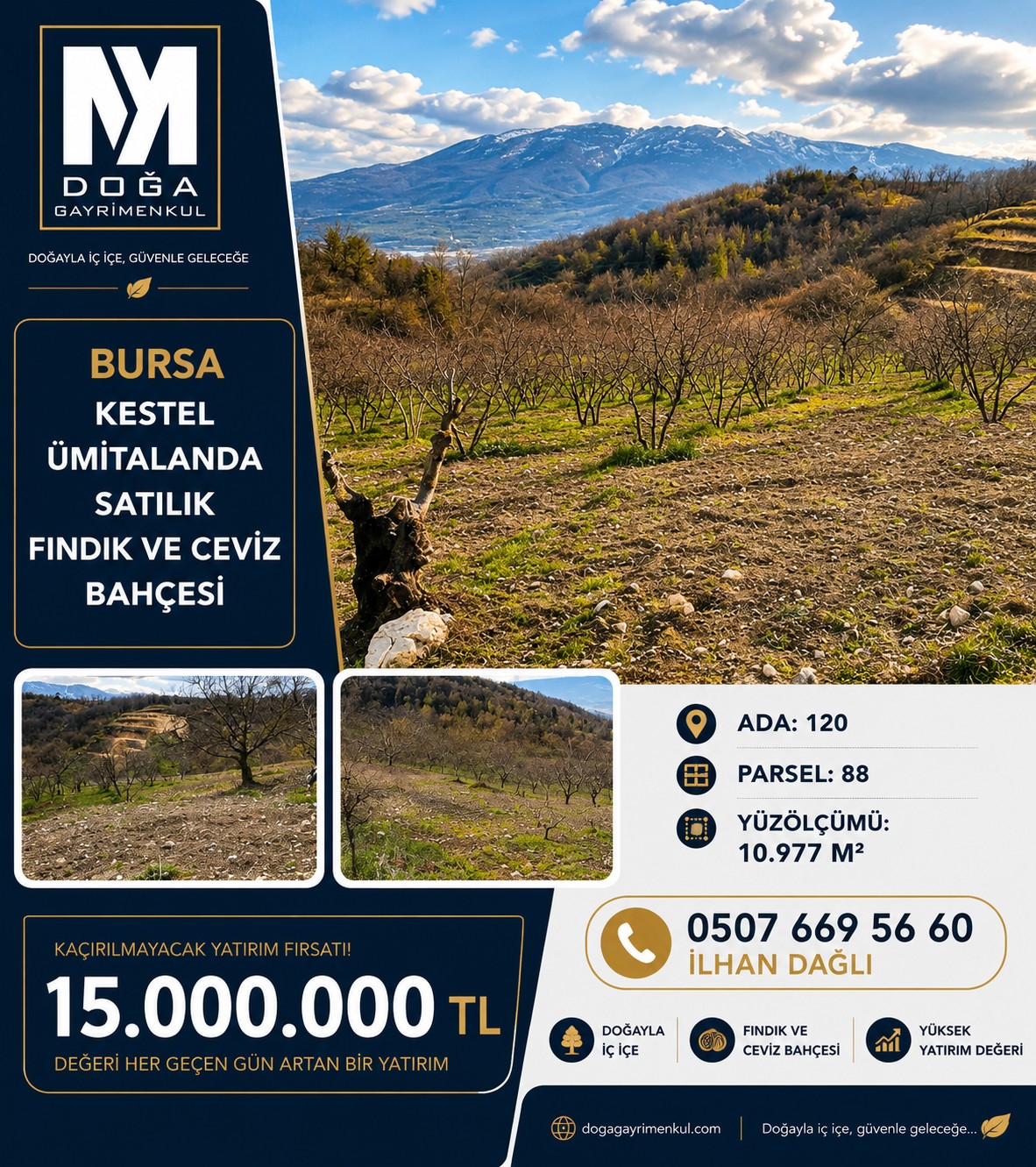 MK DOĞA GAYRİMENKULDEN Kestel Ümitalan’da Yolu Suyu Olan 10.977 m² Fındık ve Ceviz Bahçesi