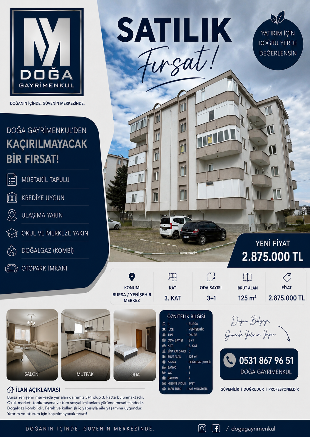 MK DOĞA GAYRİMENKUL DEN BURSA YENİŞEHİR DE 3+1 SATILIK FIRSAT DAİRE 